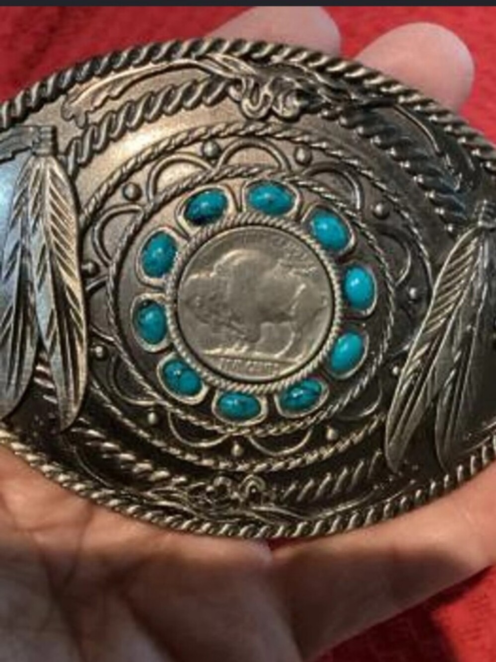 Vintage Turquoise Accent Buffalo Nickel Western Belt Buckle W/ Makers Mark